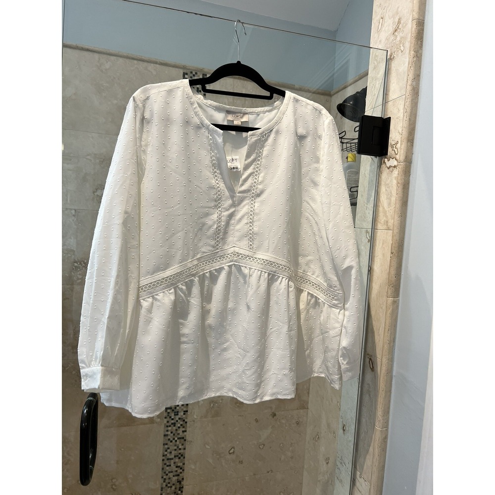 LOFT Blouse XL Burnout Velvet Ivory White Top Boho Victorian Clip Dot Peplum